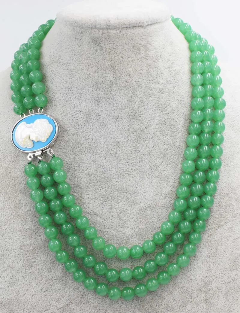 

3rows green jade round 8mm +beautiful woman head clasp necklace 18-20inch wholesale beads nature FPPJ woman 2017