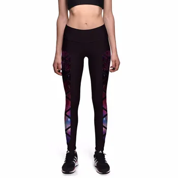 

ElasticWomen Black Pants Red-purple Galaxy Space Spliced S To 3xL 3 Patterns Polyester High Waist Fitness Trousers