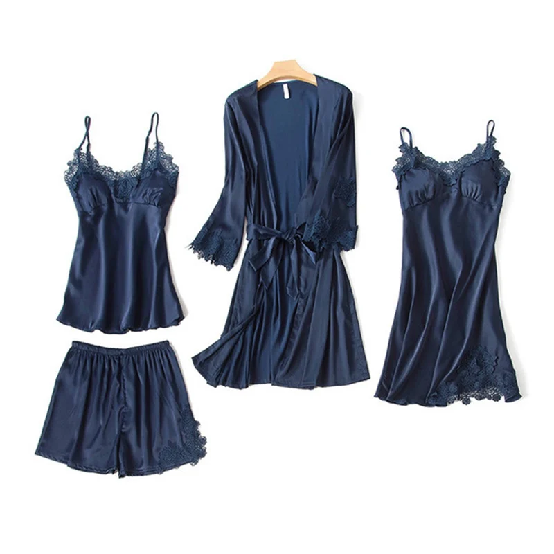 

Pajama Sets 4 piece Ladies Sexy silk Tops + short Pants Night Women Nighties Nightwear Homewear women set big size Lace vintage