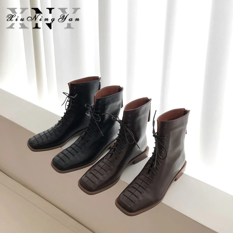 Xiuningyan Retro Soft Genuine Leather Women's Boots Square Toe Zipper Footwear Female Ankle Low Heels Ladies Winter Shoes | Обувь