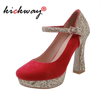 

2019 Spring Autumn Bling Round Toe Pumps Shoes Ladies Platform High Heels Bride Wedding Shoes Party Womens Pumps Plus Size 34-43