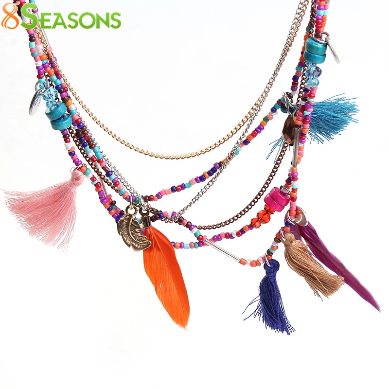 8SEASONS Feather Tassel Necklaces &amp Pendants Wood Beads Iron Link Chain Folk-custom Necklace Women Accessories 44cm 1 Piece | Украшения