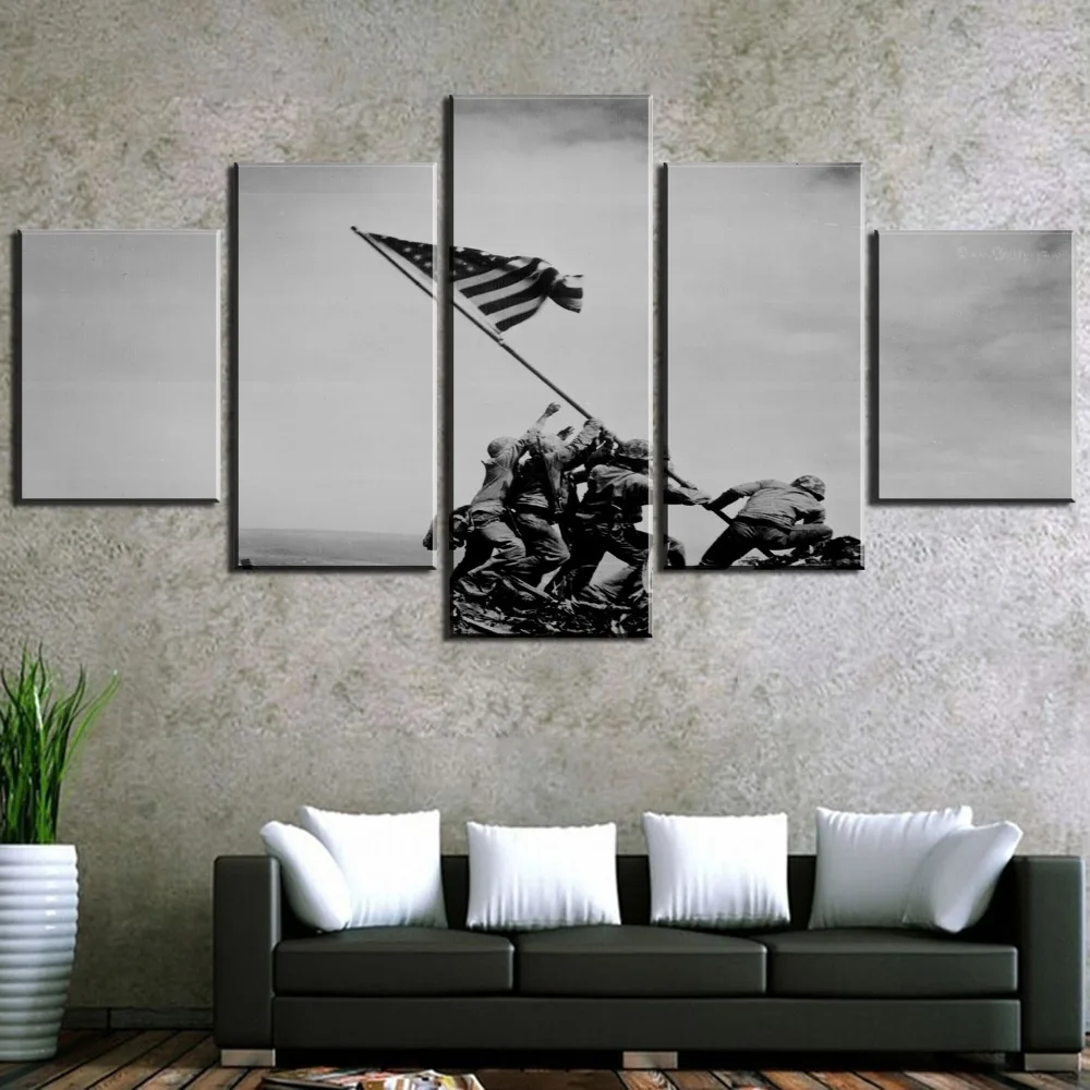 

Vintage Raising The Flag Iwo Jima 5 Pieces Canvas Painting Wall Art Living Room HD Print Picture Painting Modern Home Decor