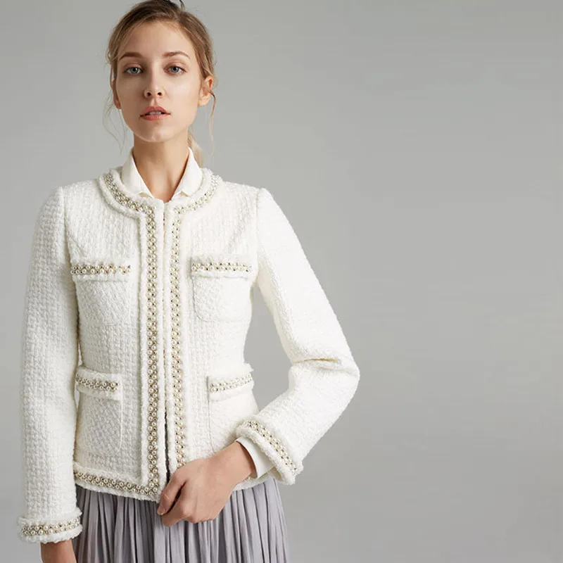 

Handmade Luxury Blazer Suits for Women Fashion Bright Silk Tweed O Neck Hidden Breasted Pearl Short Blazers Coat White