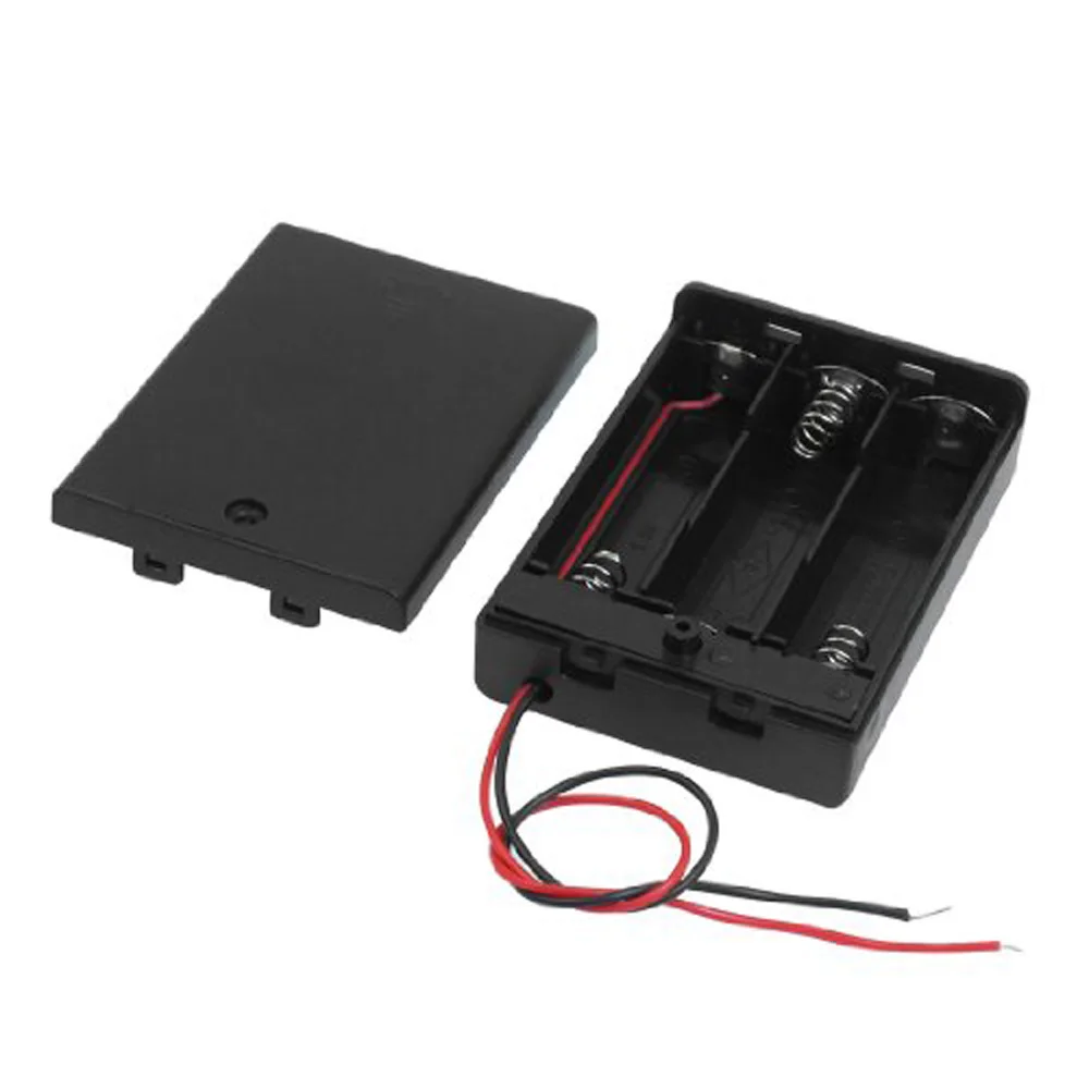 Two Wire Leads Black 3 x 1.5V AA Battery Holder Case w Coverin Battery