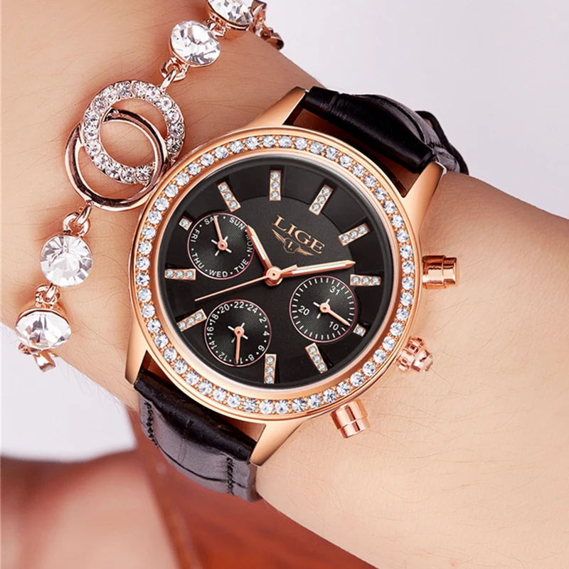 

Women Watches LIGE Luxury Brand Girl Quartz Watch Casual Leather Ladies Dress Watches Women Clock Relogio feminino Montre Femme