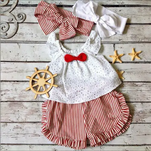 

US Toddler Baby Girls Kids Stripe Tops Pants Headband Ruffle Summer Clothes 3pcs