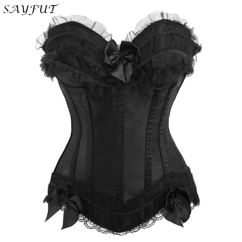 

SAYFUT Fashion Womens Vintage Waist Trainer Gothic Boned Lace Corsets And Bustiers Sexy Bowknot Black Overbust Top Corset