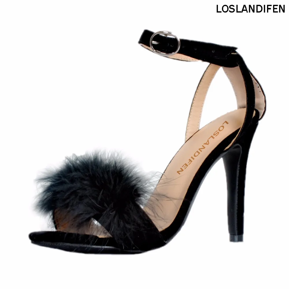 

New Hot Selling Handcrafted Women Ladies High Heel Sandals Fur Ball Open-toe Large Size Party Prom Buckle Strap Shoes XD345