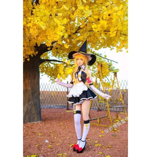 Kirisame Marisa TouHou Project Косплей Костюм Kirisame Marisa платье горничной со шляпой на заказ сексуальные костюмы на Хэллоуин