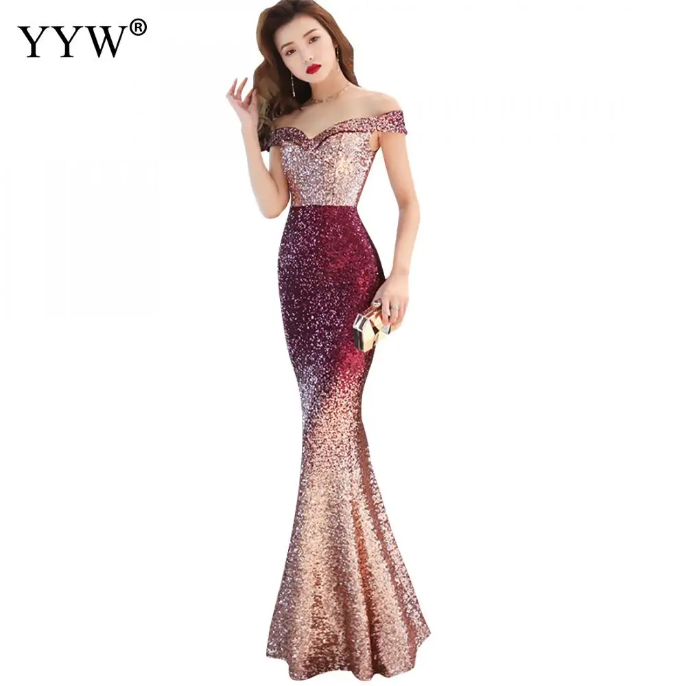 

Red Blue Gradient Sequin Mermaid Evening Party Dress Women Sexy V Neck Off Shoulder Short Sleeve Women Luxury Club Maxi Dresses