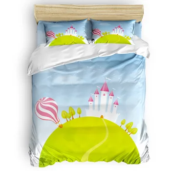 

Cartoon Hot Balloon Castle House 4 Pcs Comforter Cover Set Quilt Cover Bedding Forefather's Day Machine Washable The Lovers'