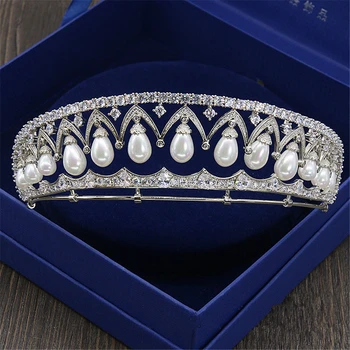

Micro Paved Full Zircon Pearl Tiara Queen Diadem Crown Bridal Headpiece Wedding Hair Accessories Bijoux Cheveux Novia WIGO0998