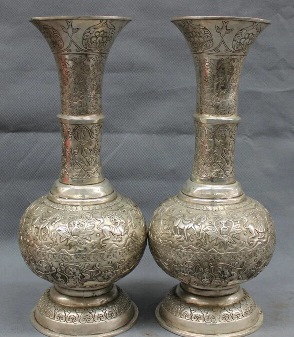 

003531 14" Marked Chinese Silver Buddhism Horse Dragon Tiger Statue Vase Pot Pair
