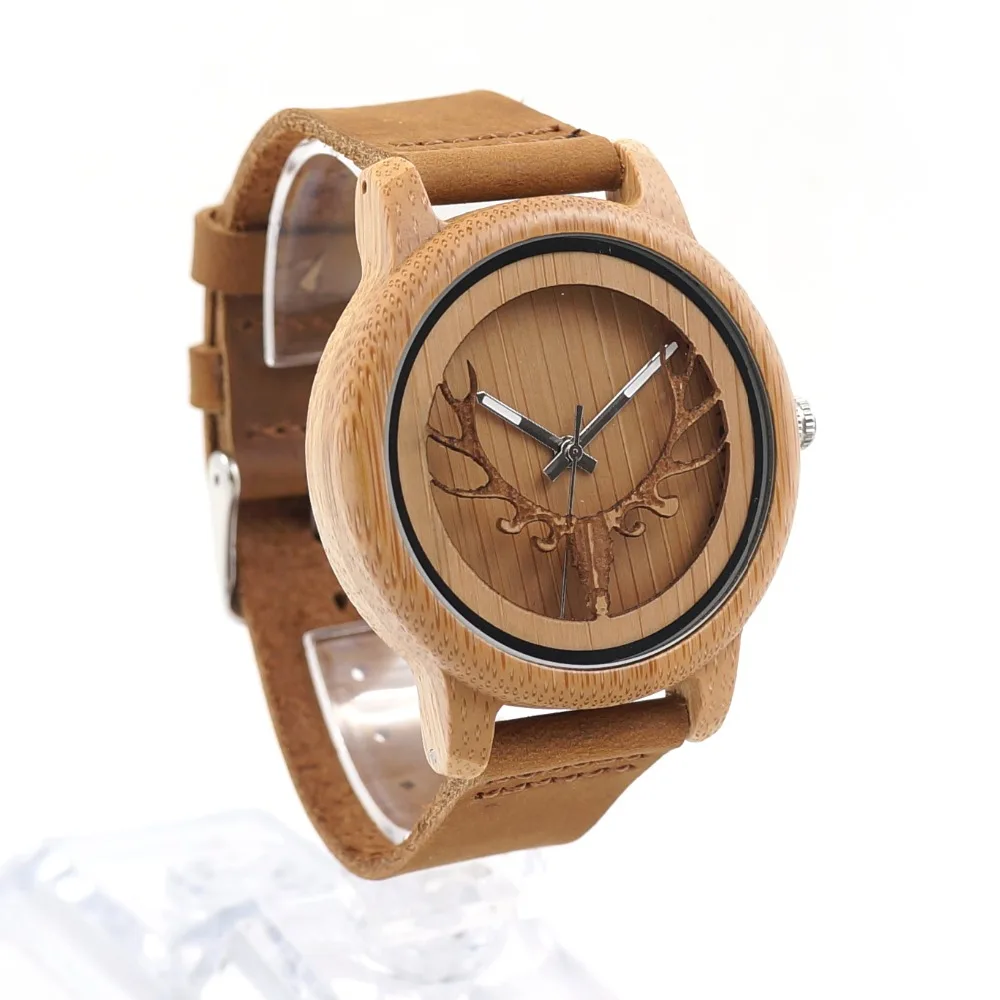BOBO BIRD A27 Skeleton Watch With Deer Buck Head Design Bamboo Wood Quartz Watches With White Real Leather Band in Box Relogio