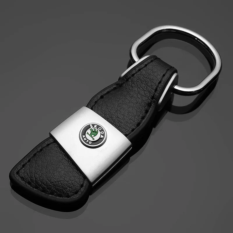 

Skoda black leather car logo metal key ring pendant