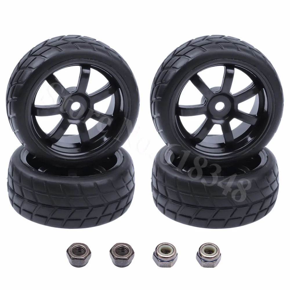 4 Pieces RC Car Wheels & Tires with Nylon Lock Nut M4 For 110 On Road