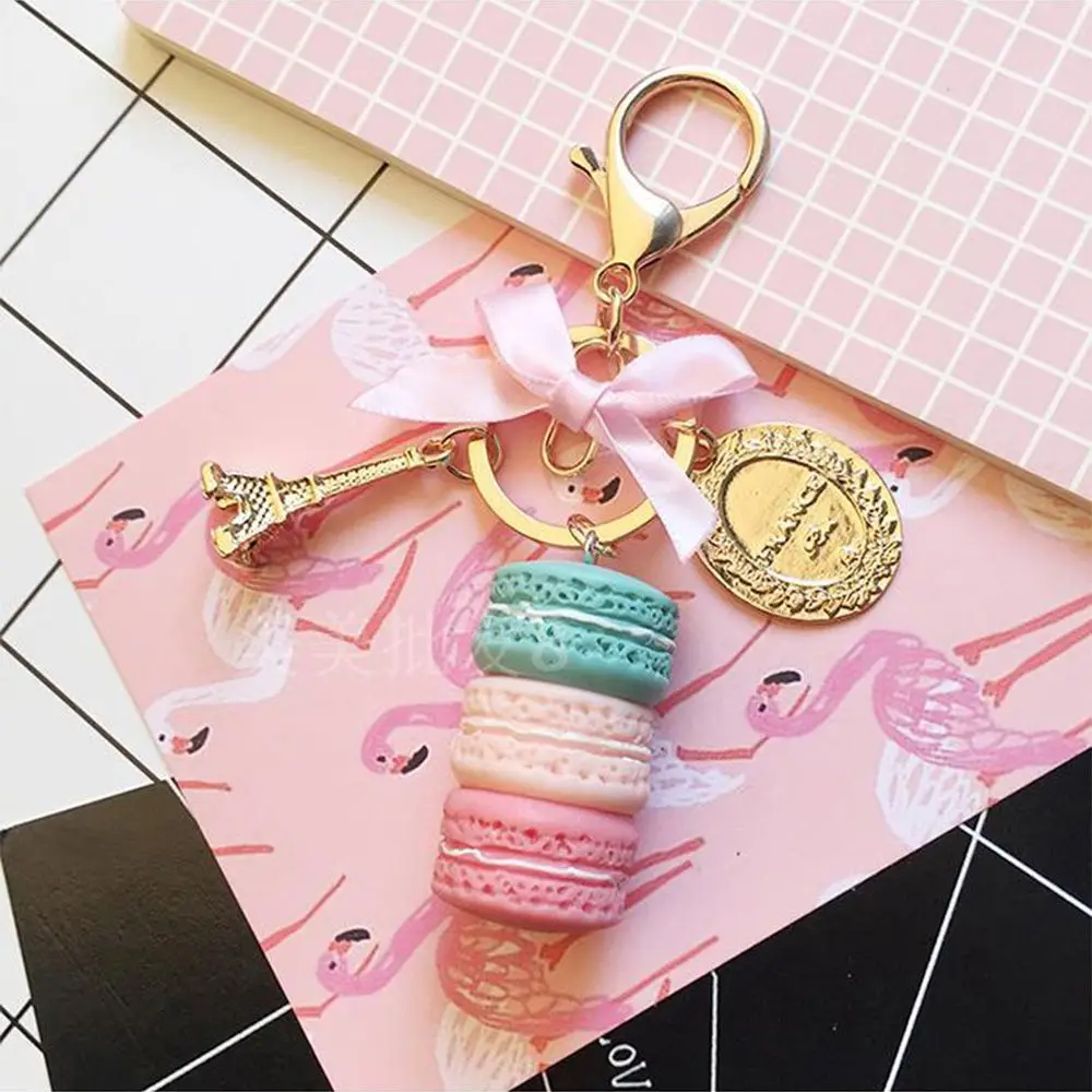 

New Cake Key chain fashion car Key Ring Women bag charm accessories France Cake Macarons with Eiffel Tower Keychain gift Jewelry