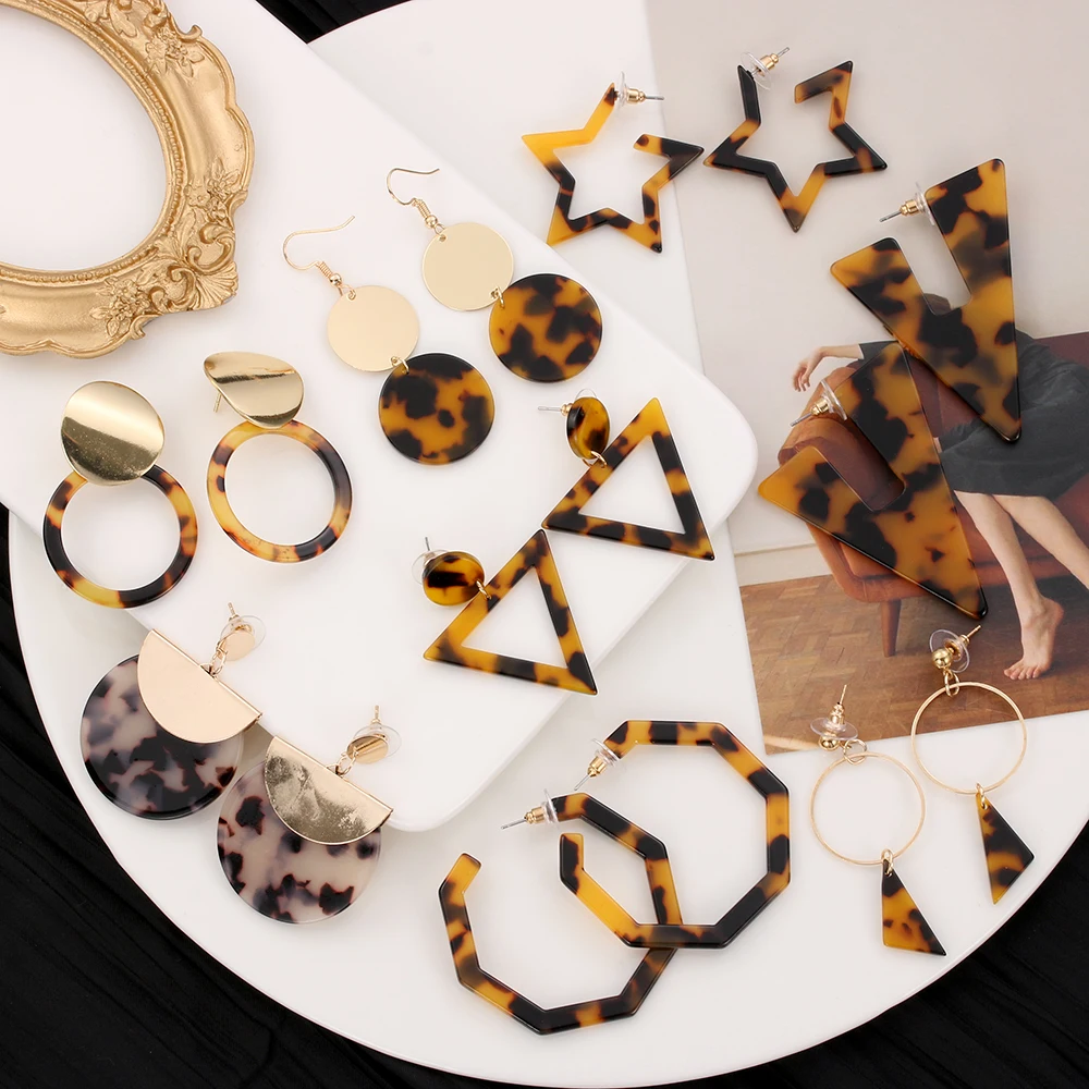 

Vintage Leopard Print Long drop Earrings For Women Tortoiseshell Acetate Resin Acrylic Heart Star Circle Geometric Earrings
