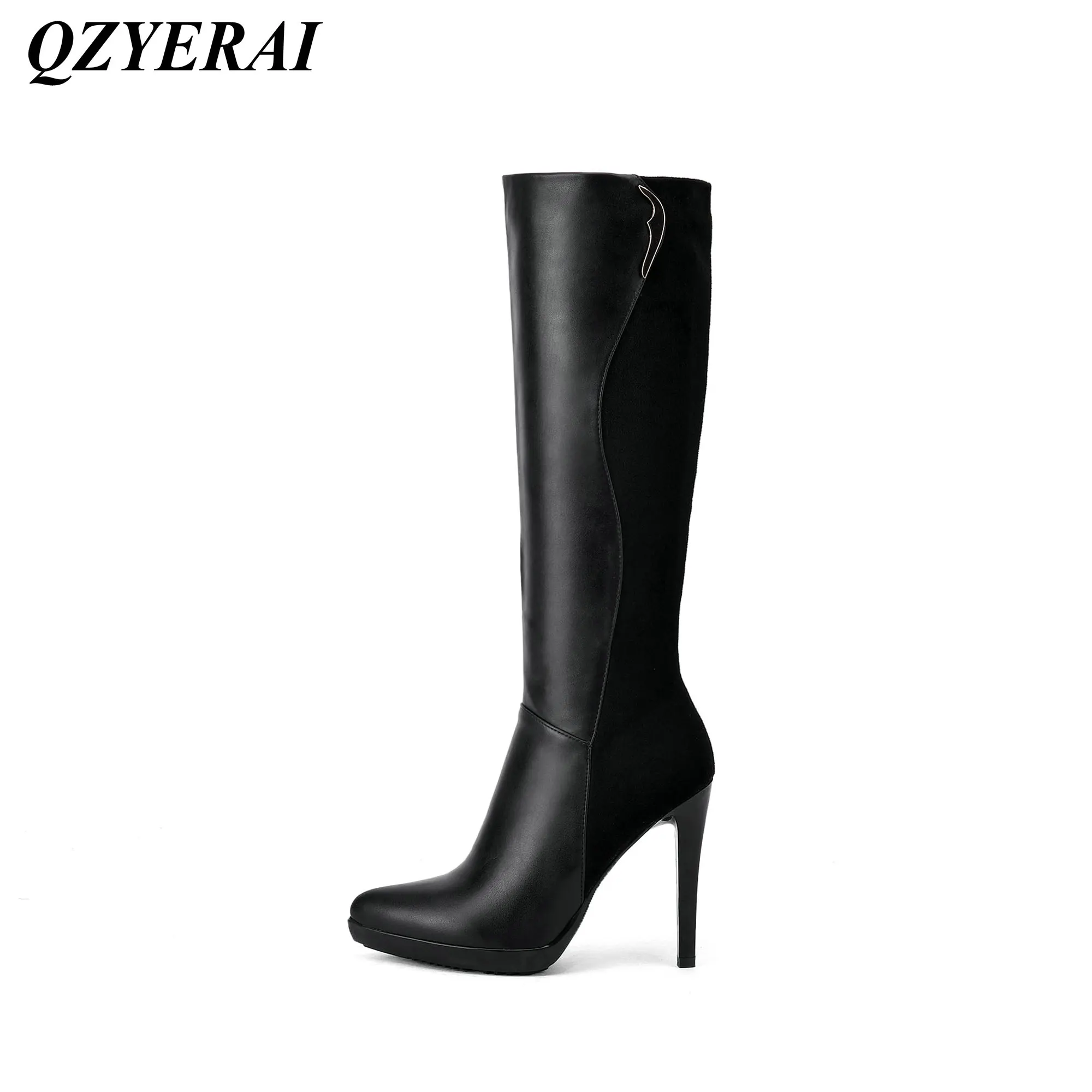 QZYERAI Winter fashion ladies long boots fine heels paint leather with suede font b womens b