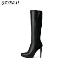 QZYERAI Winter fashion ladies long boots fine heels paint leather with suede womens shoes womens boots