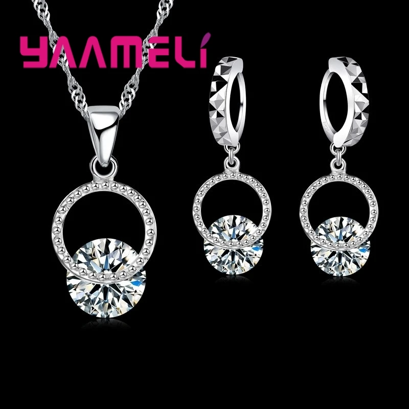 

Elegant 925 Sterling Silver Round Crystal Pendant Necklace Earrings Sets Women Fine Bridal Wedding Jewelry Sets Gift