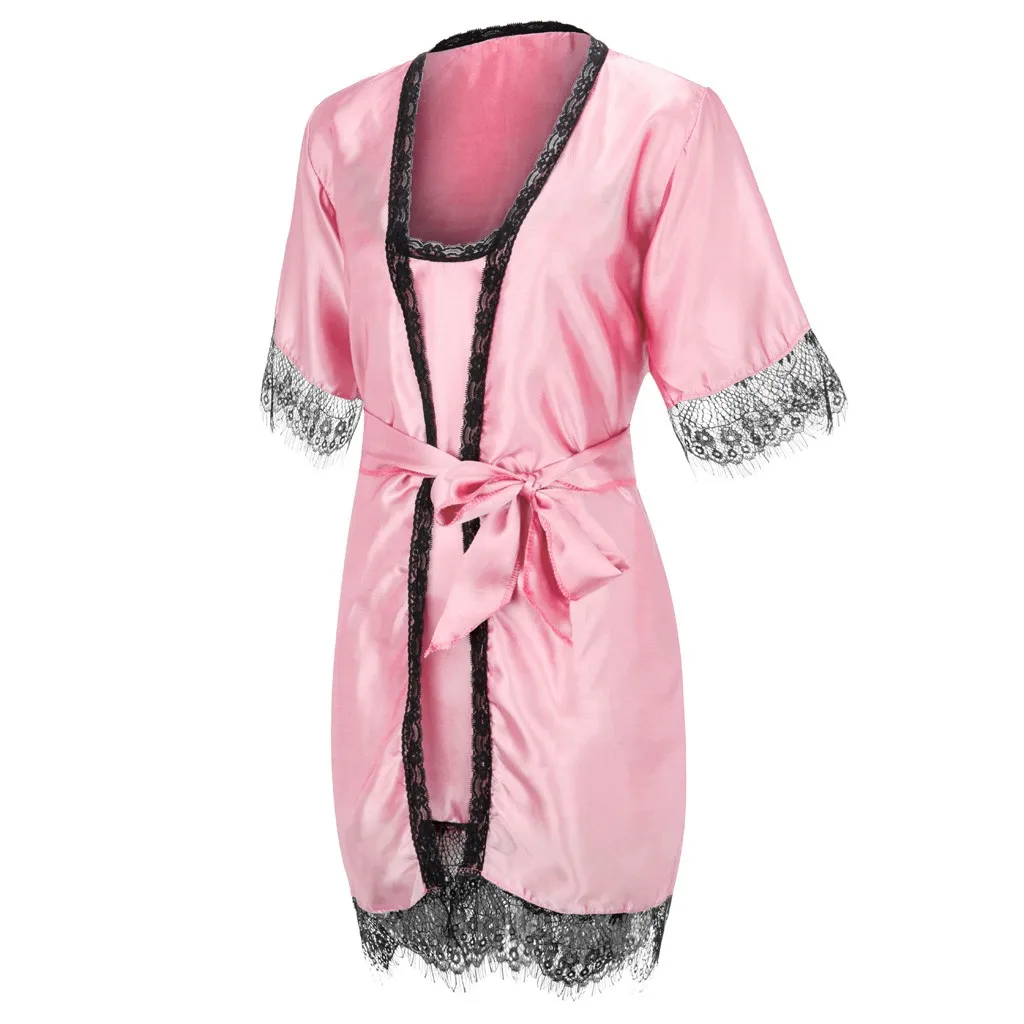 Модные женские пижамы с регулируемыми лямками, халат, комплект для сна, кружевное шелковое белье, ночная рубашка, халат 2019