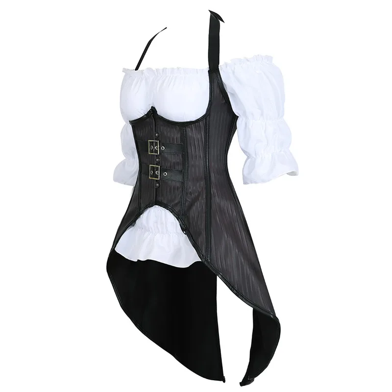 Steampunk Bustiers Corset Long Straps Top Vest with White Gothic Blouse Plus Size Black Burlesque Costume Two Pieces Korsett