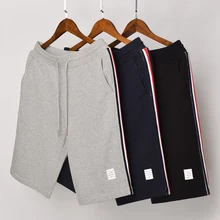 Модные брендовые мужские шорты кэжуал, однотонные летние хлопковые спортивные брюки, полосатый длина до колена, мужские спортивные штаны