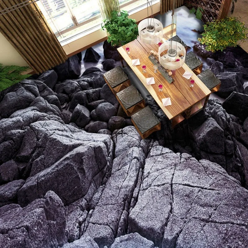 

Free Shipping Custom Black stone shoal 3D stereo living room bathroom floor mural shopping mall street Self-adhesive wallpaper