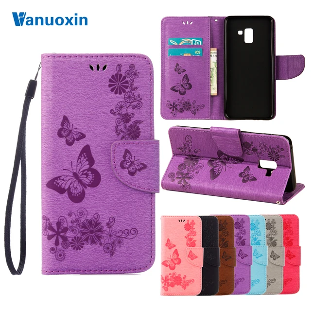 Special Offers Leather Case For Funda Samsung Galaxy A8 2018 Case For coque Samsung A8 Plus A8 2018 Case Cover Butterfly Flip wallet Phone Bag