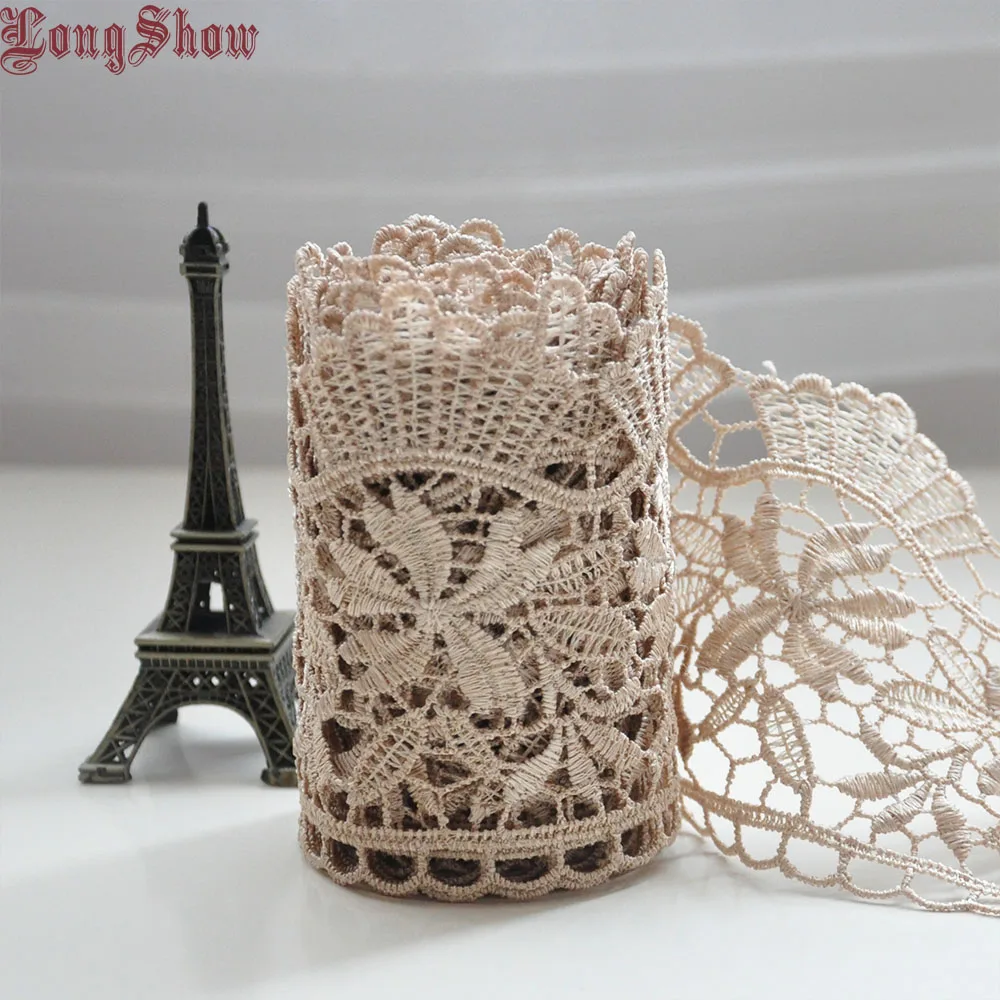 

1 Lot/5 Yards 10cm Width Pure Polyester Flowers Patterns Gold Coffee Color Chemical Embroidered Lace Trim