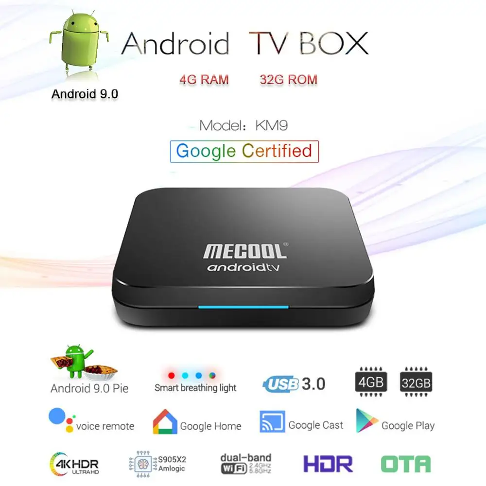 

Mecool KM9 Pro Android 9.0 TV Box Google Certified Smart TV Amlogic S905X2 4K Set Top Box DDR4 4G 2.4G/5G WiFi BT4.0 KM9 ATV