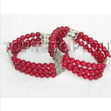Очаровательная 2 шт 3 строки круглые красные коралловые бусы Браслеты эластичный E1317(C0322