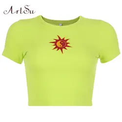 Арцу Лето 2019 г. Защита от солнца вышивка короткий рукав Футболка для женщин укороченный футболка Femme Базовая зеленый уличная ASTS20693