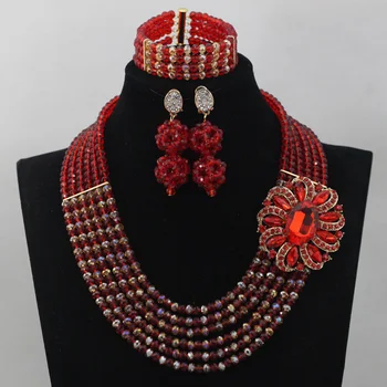 

Smart 6 Layers Red Beads African Wedding Crystal Jewelry Set Gold Champagne Indian Necklace Set Free Shipping WD498
