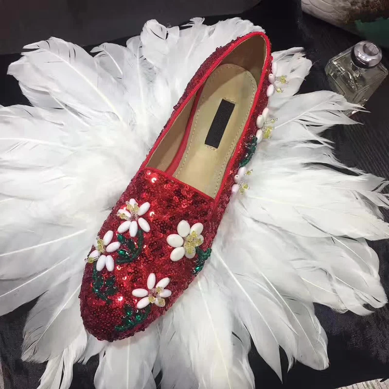 

Luxury Handmade Embroidery Floral Women Loafers Shiny Sequined Cloth Round Toe Slip On Gladaitor Flat Casual Shoe Tenis Feminino