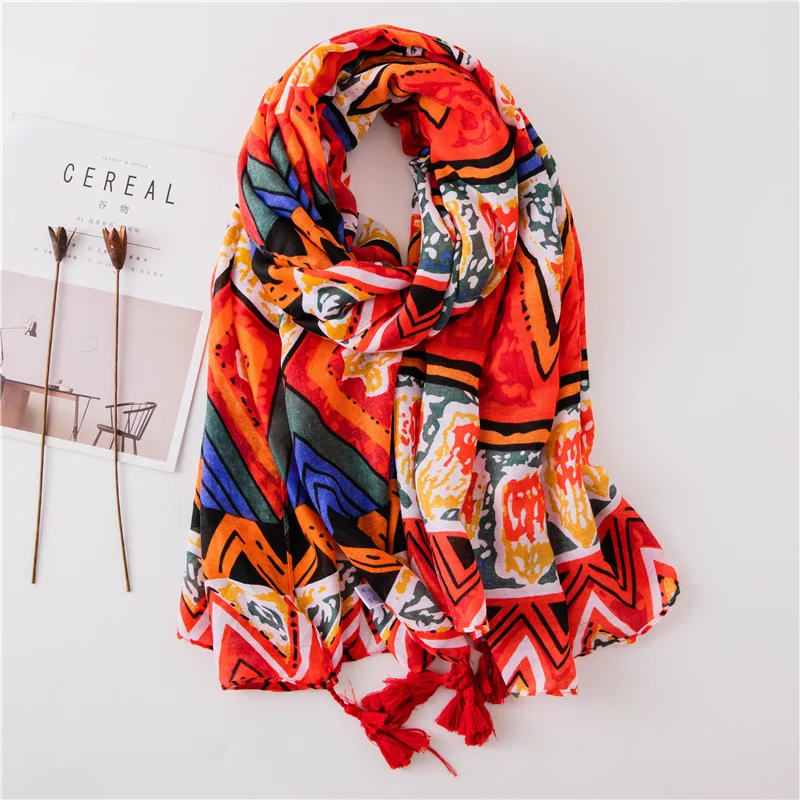 yishine Colorful Geometric Pattern Prints with Tassel Fashion Scarf
