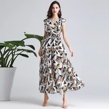 

European style high quality V-neck elegant dress 2019 summer Fashion print ruuffles dress A464