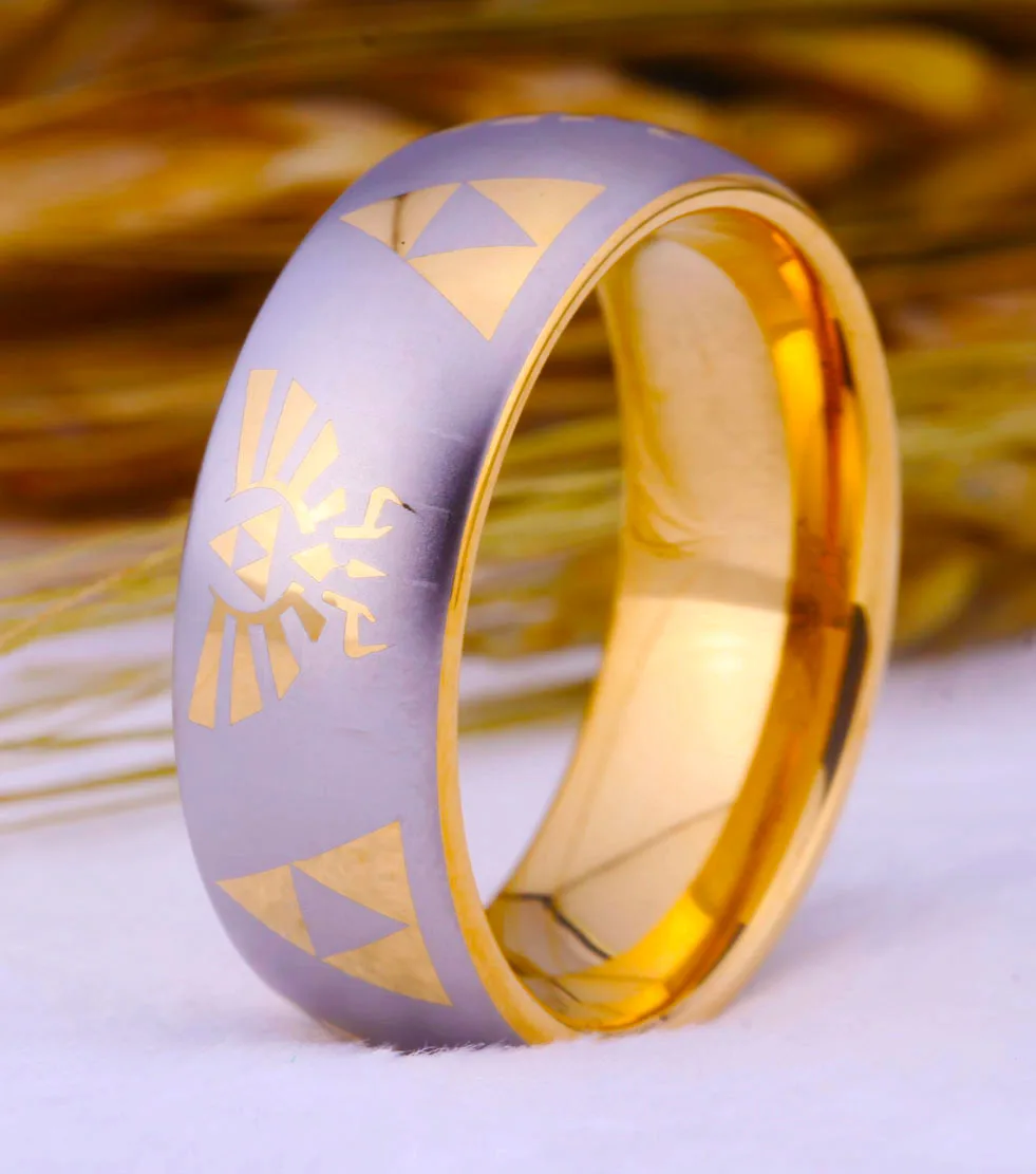 Free Shipping USA UK Canada Russia Brazil Hot Sales 8MM Golden Dome Comfort Fit Legend of Zelda New Men's Tungsten Wedding Ring