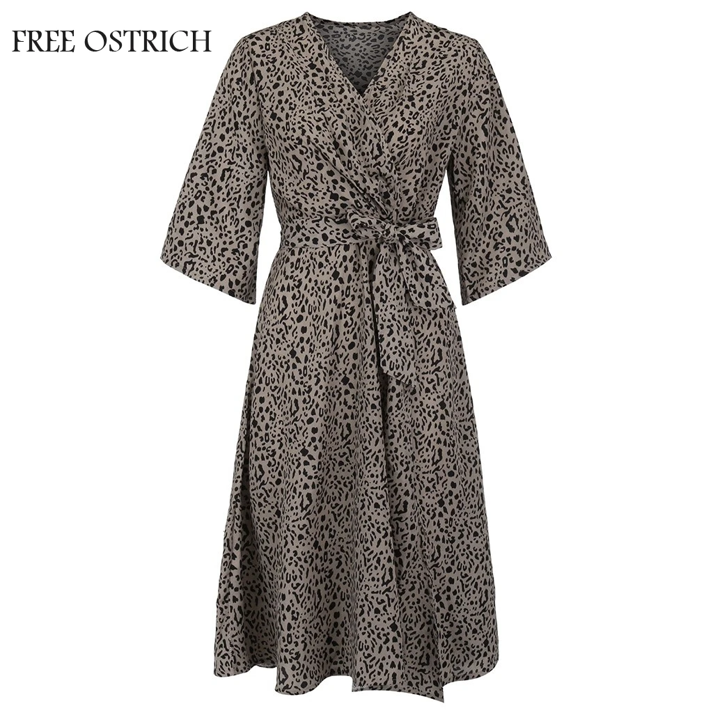

FREE OSTRICH Womens Sexy Fashion Leopard Dress Casual Splice Print Button Beach Dress Summer Plus Size Apparel