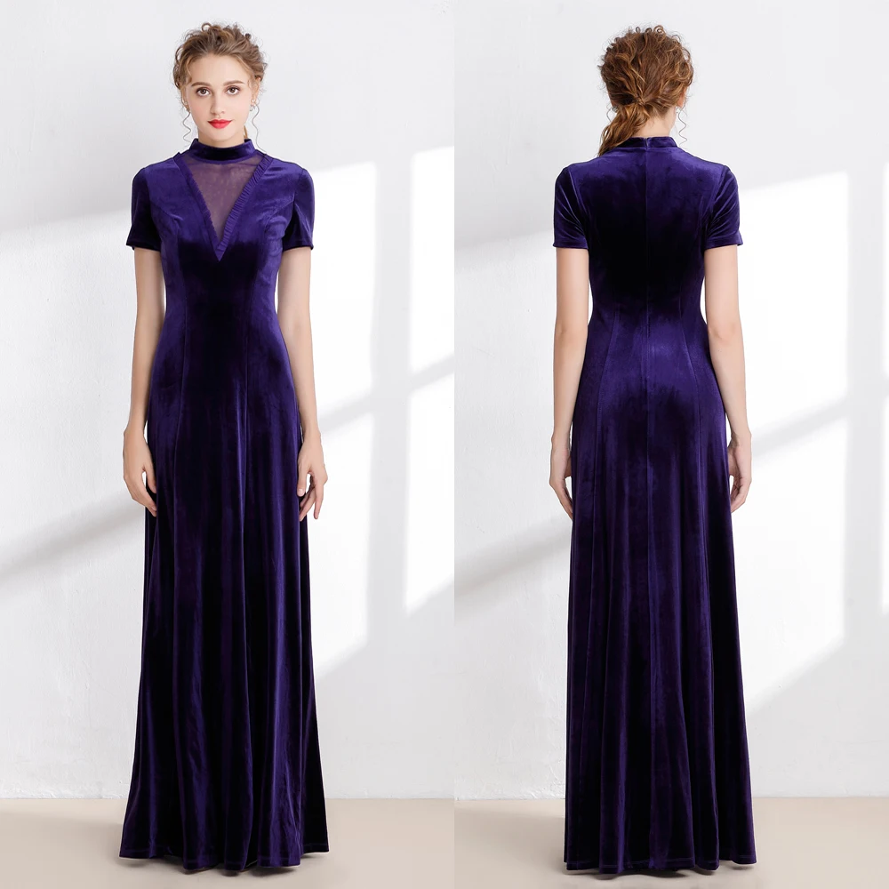 

B0043 Новое тонкое велюровое темно-фиолетовое платье с высоким воротником с короткими рукавами для выпускного вечера формальное платье макси до пола женские бальные платья с рюшами трапециевидного силуэта