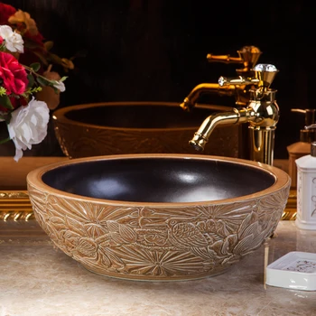 

Ceramic Counter Top Wash Basin Cloakroom Hand Painted Vessel Sink bathroom sinks art ceramic wash basin brown carving