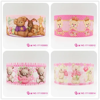 

Q&N ribbon 16mm 22mm 25mm 38mm 50mm 75mm bear cartoon printed grosgrain ribbon webbing 50yards/roll for hair tie free shipping