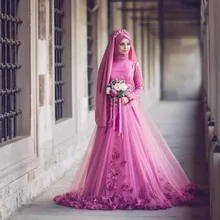 Vintage 3D Flower Light Plum Muslim Vestido De Noiva Wedding Dresses With Full Sleeves Hijab Bridal Gowns High Collar Beaded