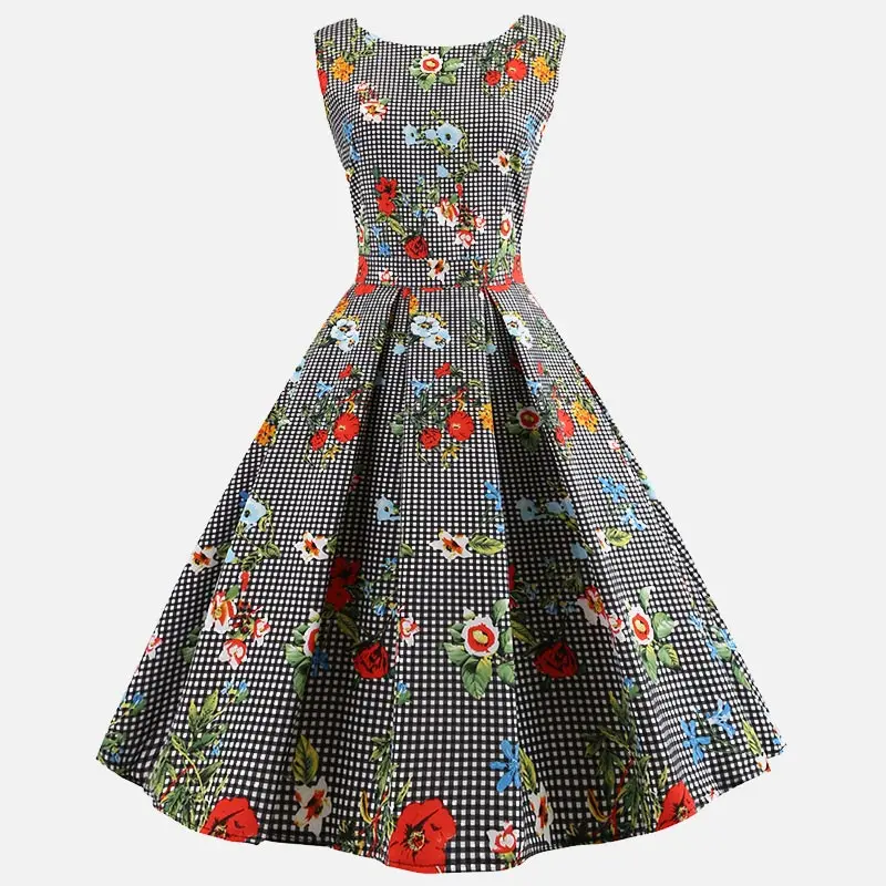 

Womens Floral Print Midi Dress A-Line Sleeveless O-Neck High Waist Party Dresses Elegant 1950s Retro Vintage Clothes Female