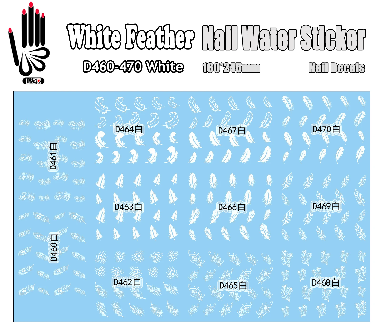 

11 Sheets/Lot Nail Supplies D460-470 White White Feather Nail Water Transfer Sticker for Nail Decal(11 DESIGNS IN 1)