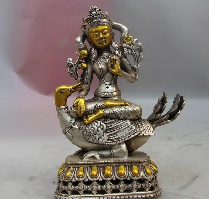 

Tibet Buddhism White Copper Silver Fane Duck Kwan-yin Guanyin Bodhisattva Statue