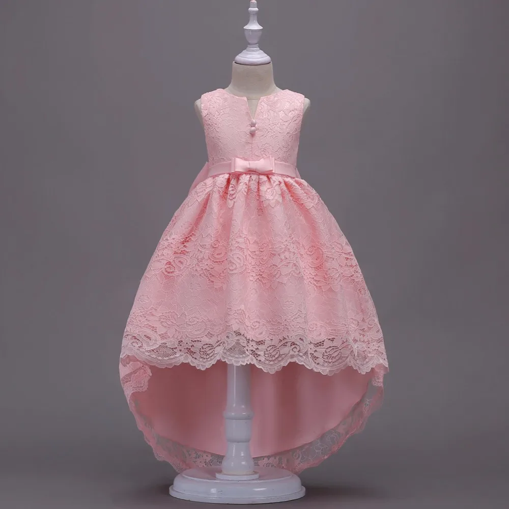 Милое розовое кружевное платье для маленьких девочек с большим бантом, 2019 г. хит продаж, высокая низкая длинная недорогая юбка платье