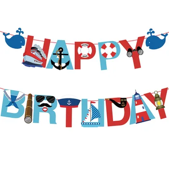 

Mediterranean Happy Birthday Nautical Theme Party Banners Anchor Rudder Garland for Adult Kids Birthday Party Decoration